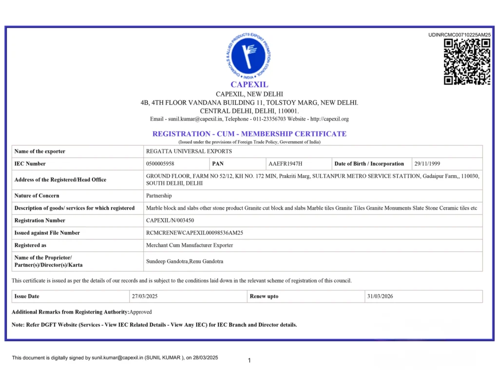 CAPEXIL Certificate